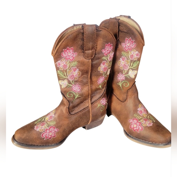 Roper Girls' Brown Floral Faux Leather Embroidery Snip Toe Cowboy Boots Sz 11 - Picture 6 of 8